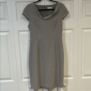 Calvin Klein Gray Sheath Dress with Cowl Neck and Cap Sleeves